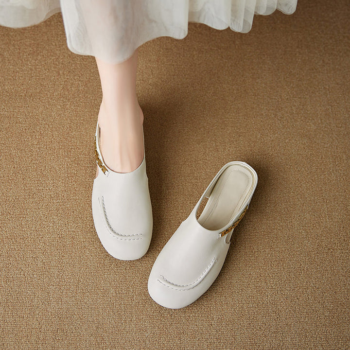 Women's Minimalist Leather Mules Elegant Cut-out Slip-on Shoes with Metal Accent - Round Toe