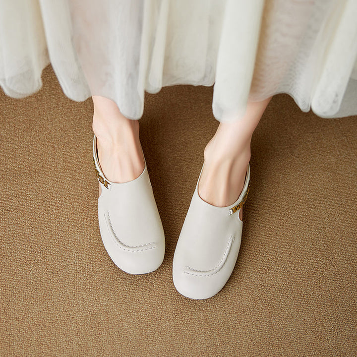 Women's Minimalist Leather Mules Elegant Cut-out Slip-on Shoes with Metal Accent - Round Toe