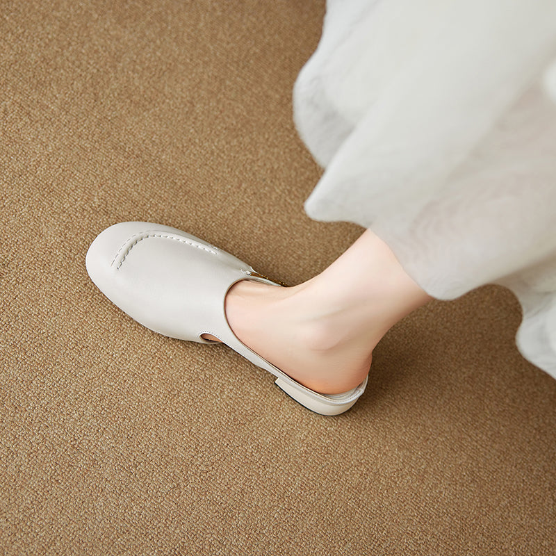 Women's Minimalist Leather Mules Elegant Cut-out Slip-on Shoes with Metal Accent - Round Toe