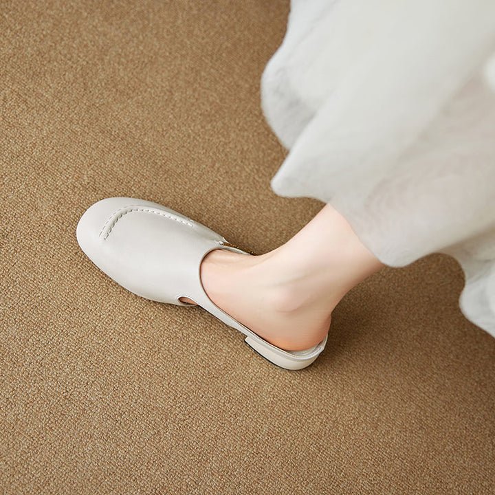 Women's Minimalist Leather Mules Elegant Cut-out Slip-on Shoes with Metal Accent - Round Toe