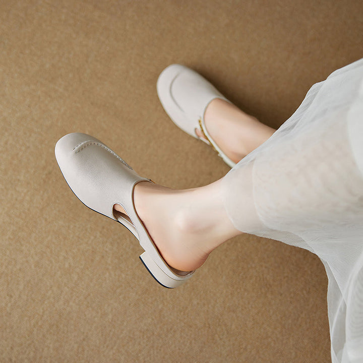 Women's Minimalist Leather Mules Elegant Cut-out Slip-on Shoes with Metal Accent - Round Toe