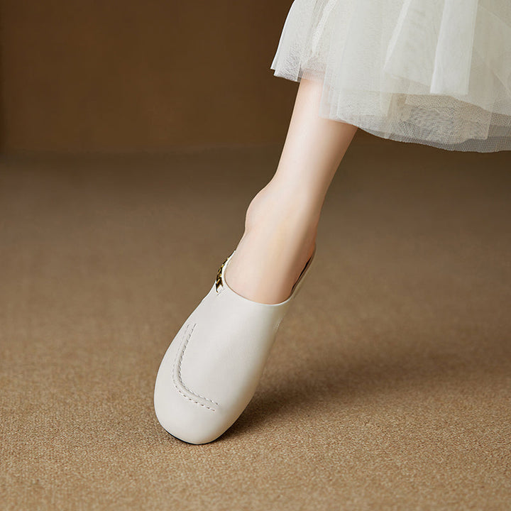 Women's Minimalist Leather Mules Elegant Cut-out Slip-on Shoes with Metal Accent - Round Toe