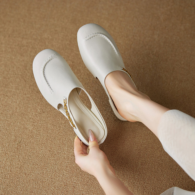 Women's Minimalist Leather Mules Elegant Cut-out Slip-on Shoes with Metal Accent - Round Toe