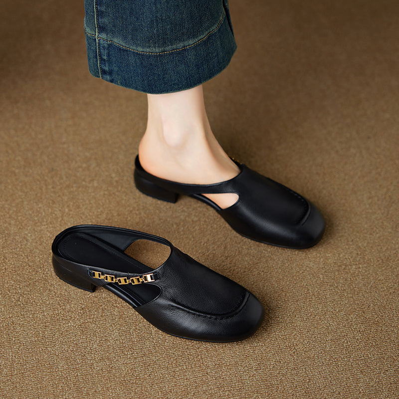 Women's Minimalist Leather Mules Elegant Cut-out Slip-on Shoes with Metal Accent - Round Toe