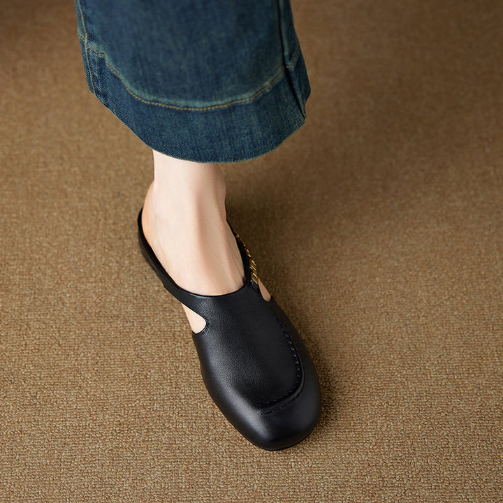 Women's Minimalist Leather Mules Elegant Cut-out Slip-on Shoes with Metal Accent - Round Toe