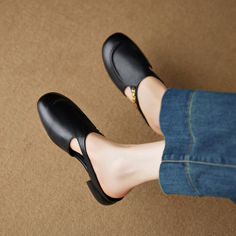 Women's Minimalist Leather Mules Elegant Cut-out Slip-on Shoes with Metal Accent - Round Toe