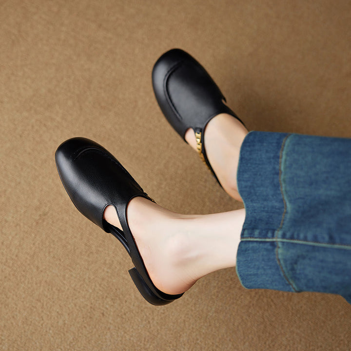 Women's Minimalist Leather Mules Elegant Cut-out Slip-on Shoes with Metal Accent - Round Toe