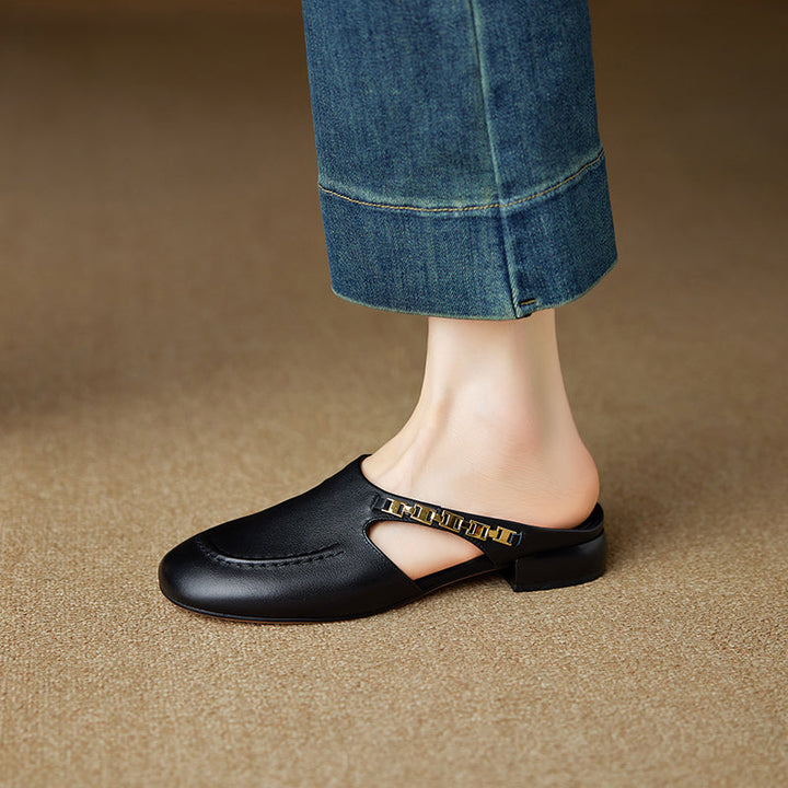 Women's Minimalist Leather Mules Elegant Cut-out Slip-on Shoes with Metal Accent - Round Toe