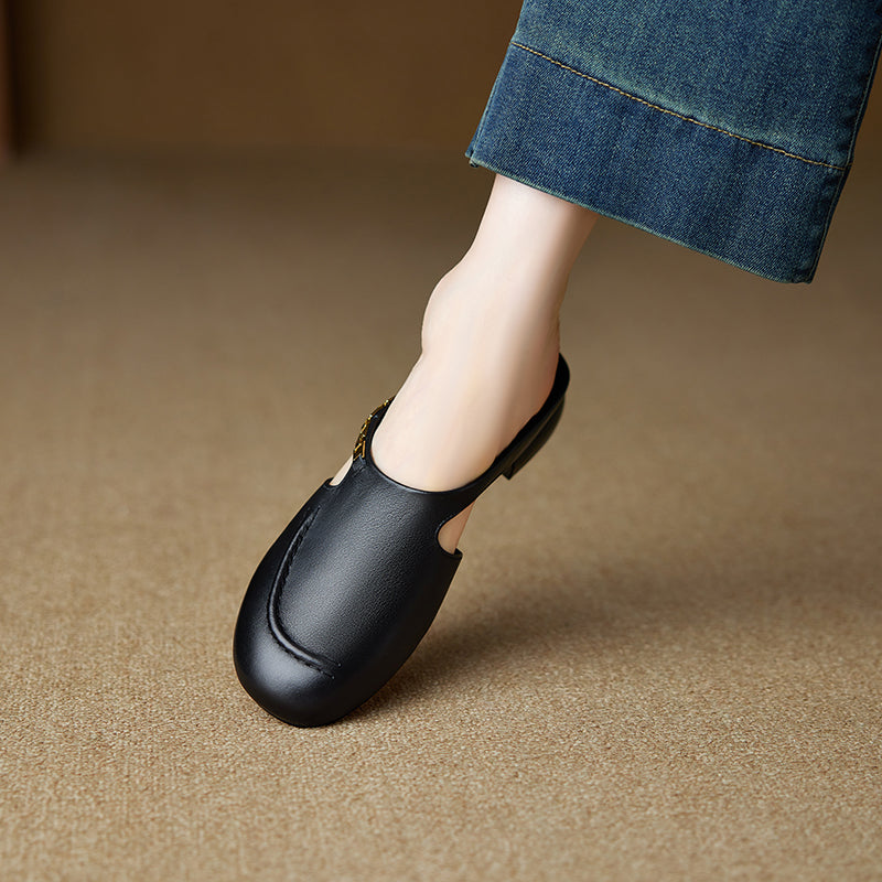 Women's Minimalist Leather Mules Elegant Cut-out Slip-on Shoes with Metal Accent - Round Toe