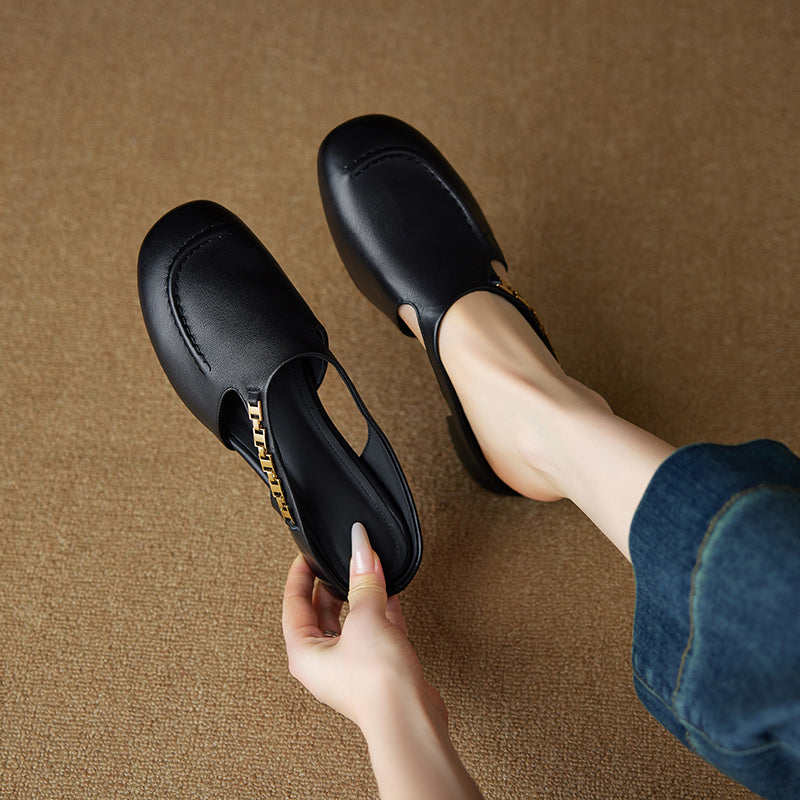 Women's Minimalist Leather Mules Elegant Cut-out Slip-on Shoes with Metal Accent - Round Toe