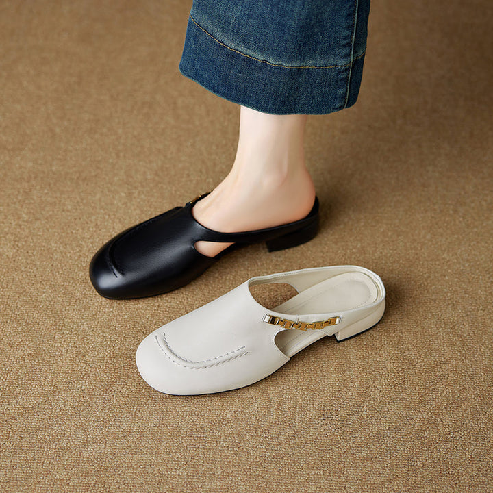 Women's Minimalist Leather Mules Elegant Cut-out Slip-on Shoes with Metal Accent - Round Toe