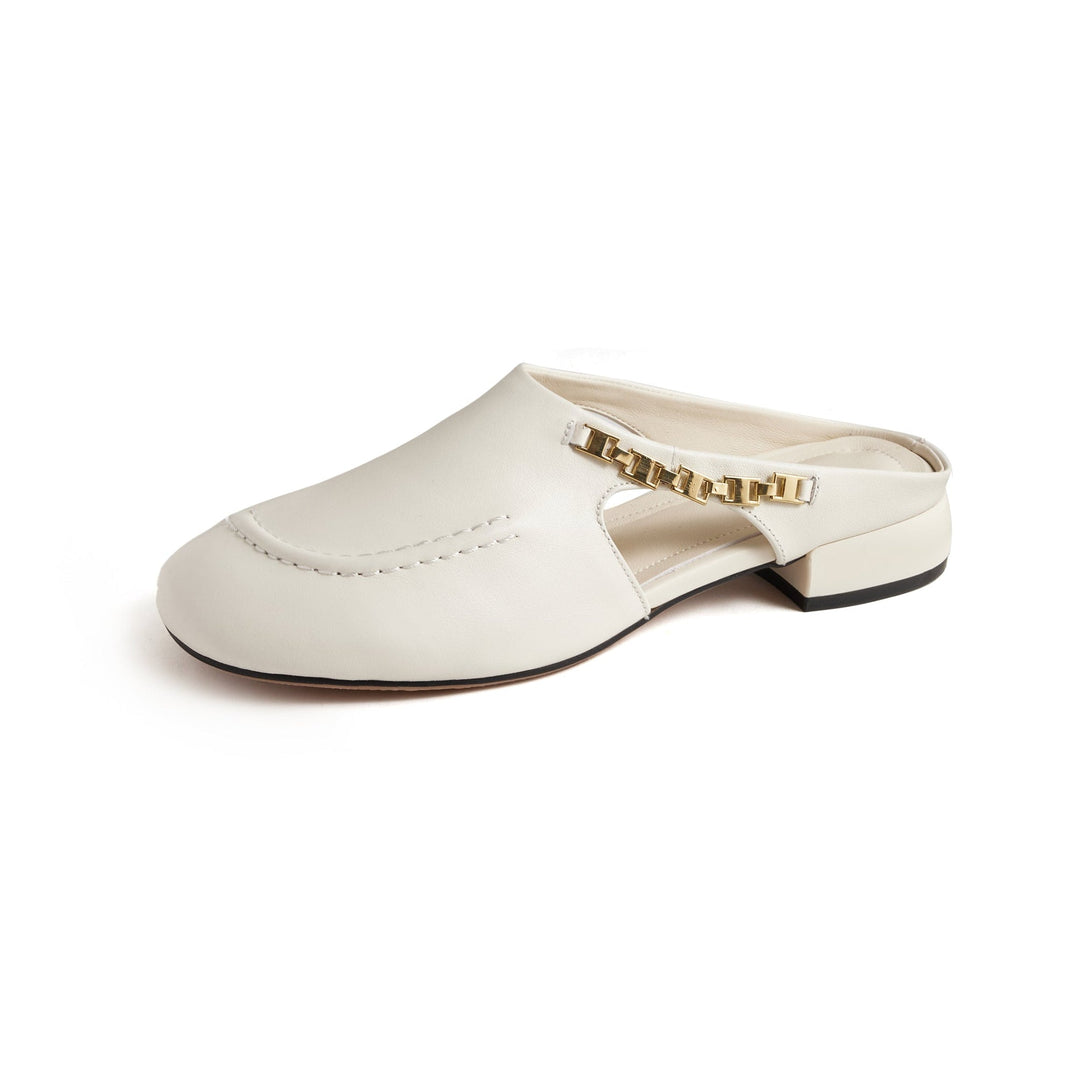 Women's Minimalist Leather Mules Elegant Cut-out Slip-on Shoes with Metal Accent - Round Toe