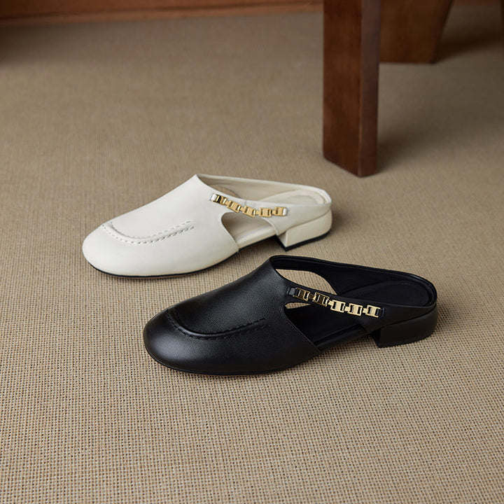 Women's Minimalist Leather Mules Elegant Cut-out Slip-on Shoes with Metal Accent - Round Toe