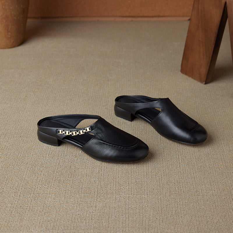 Women's Minimalist Leather Mules Elegant Cut-out Slip-on Shoes with Metal Accent - Round Toe