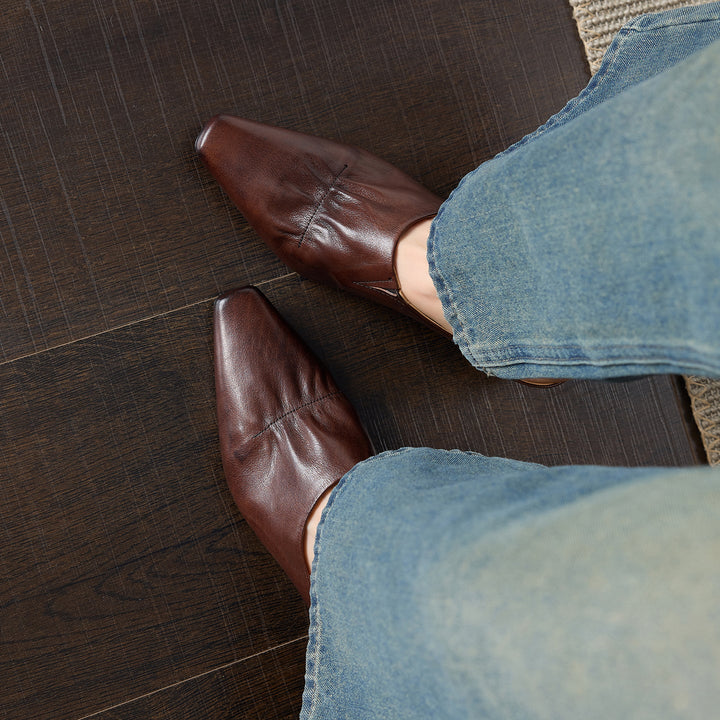 Women's Leather Ruched Square Toe Mules Minimalist Wedge Sandals