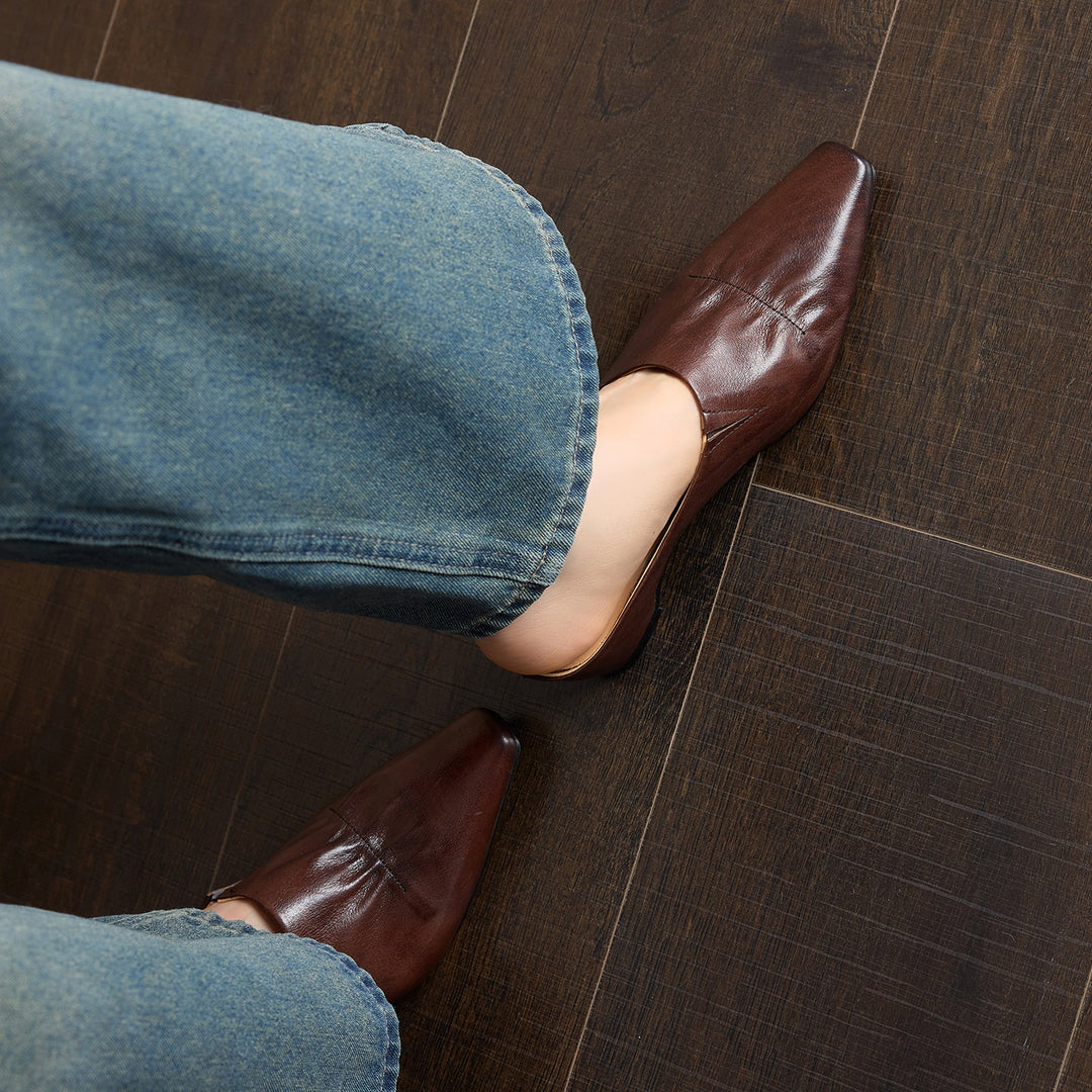 Women's Leather Ruched Square Toe Mules Minimalist Wedge Sandals