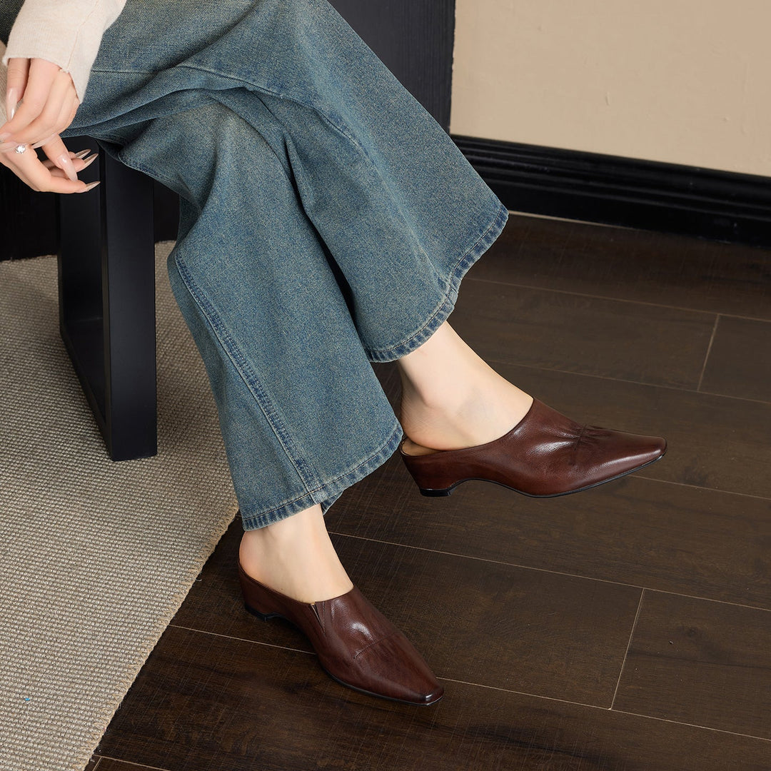 Women's Leather Ruched Square Toe Mules Minimalist Wedge Sandals