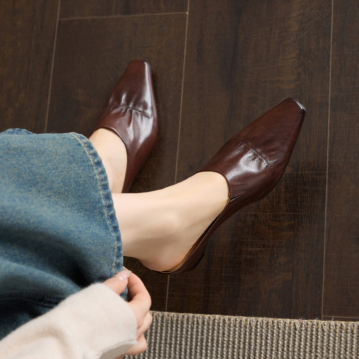 Women's Leather Ruched Square Toe Mules Minimalist Wedge Sandals