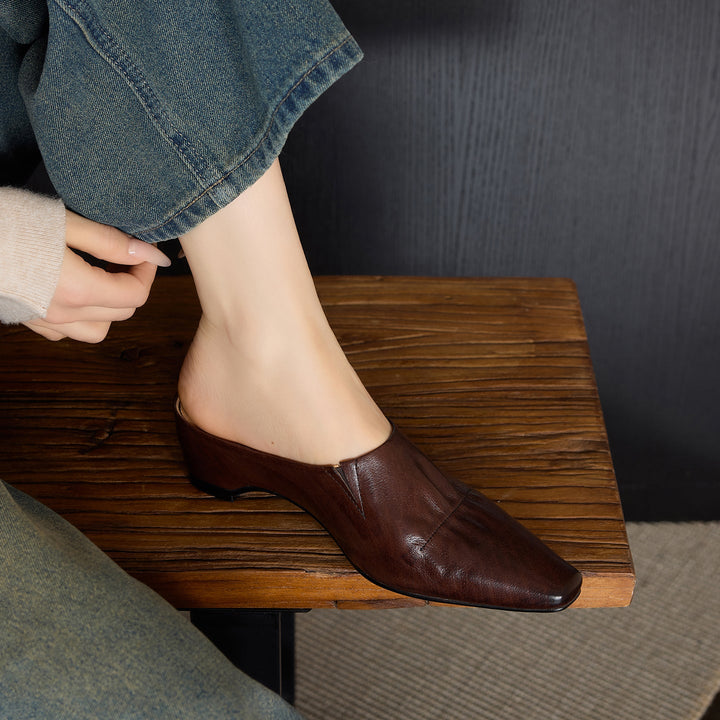 Women's Leather Ruched Square Toe Mules Minimalist Wedge Sandals