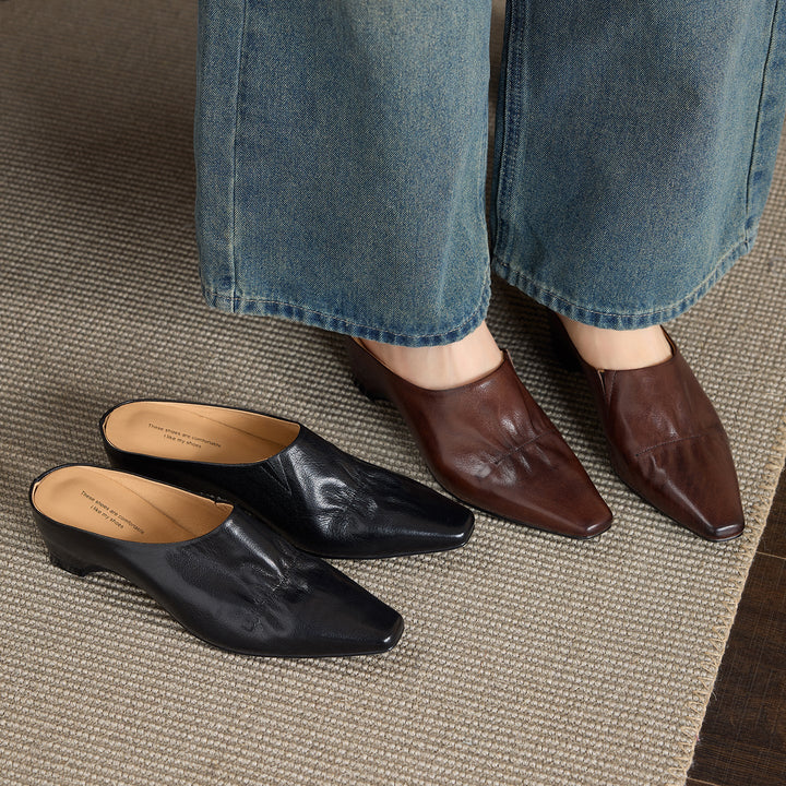 Women's Leather Ruched Square Toe Mules Minimalist Wedge Sandals