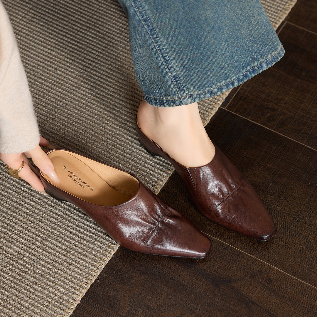 Women's Leather Ruched Square Toe Mules Minimalist Wedge Sandals