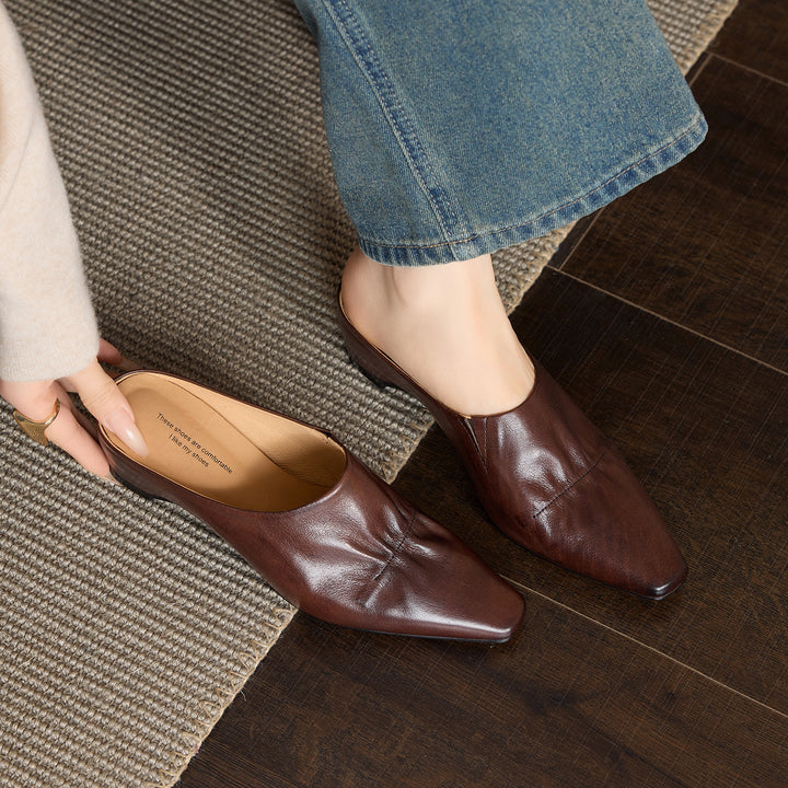 Women's Leather Ruched Square Toe Mules Minimalist Wedge Sandals