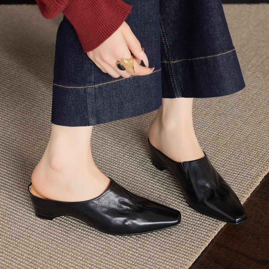 Women's Leather Ruched Square Toe Mules Minimalist Wedge Sandals