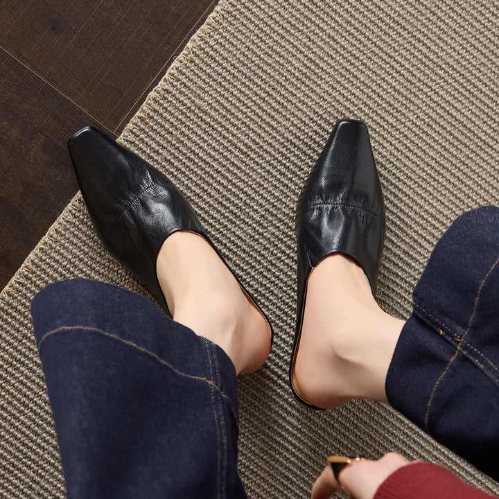 Women's Leather Ruched Square Toe Mules Minimalist Wedge Sandals