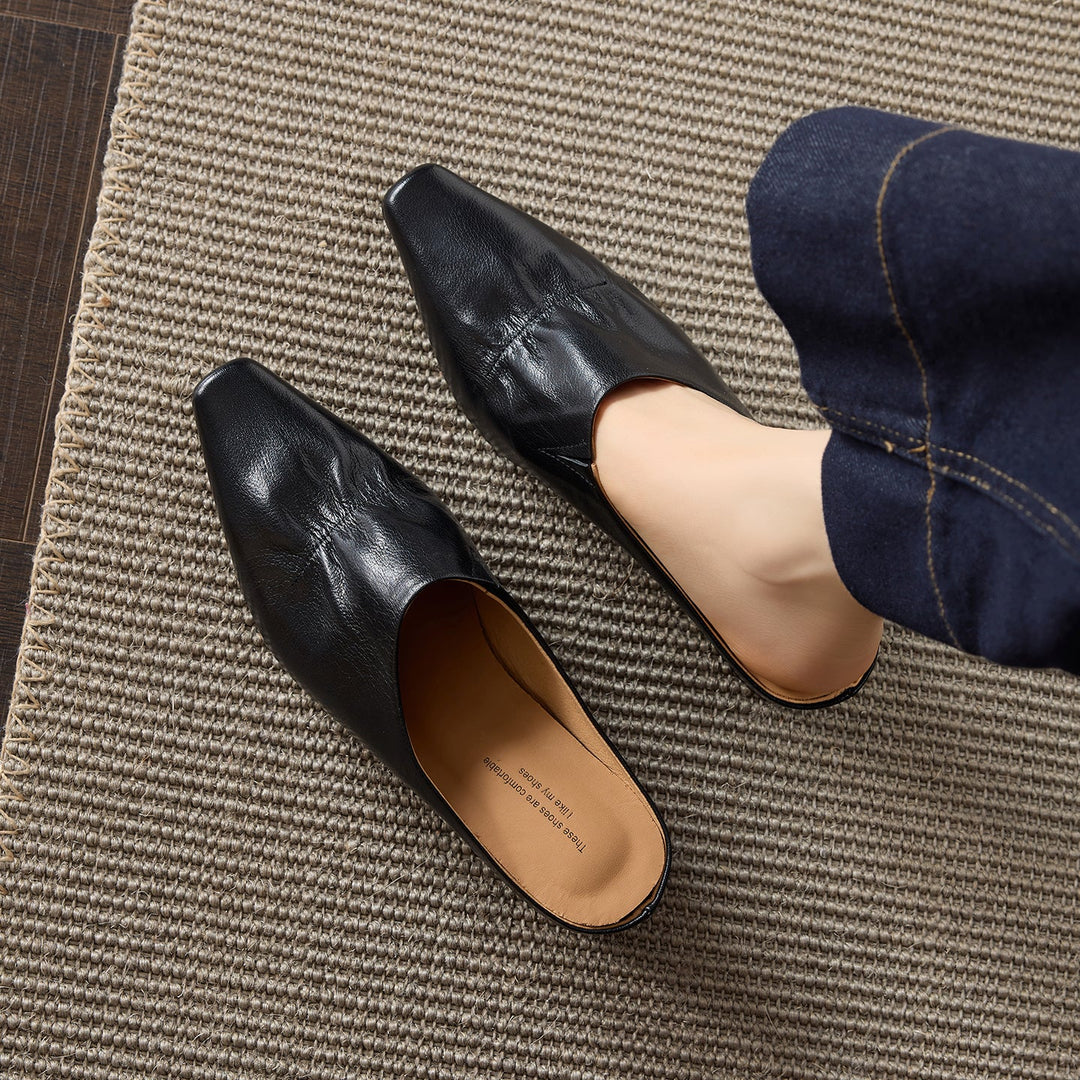 Women's Leather Ruched Square Toe Mules Minimalist Wedge Sandals