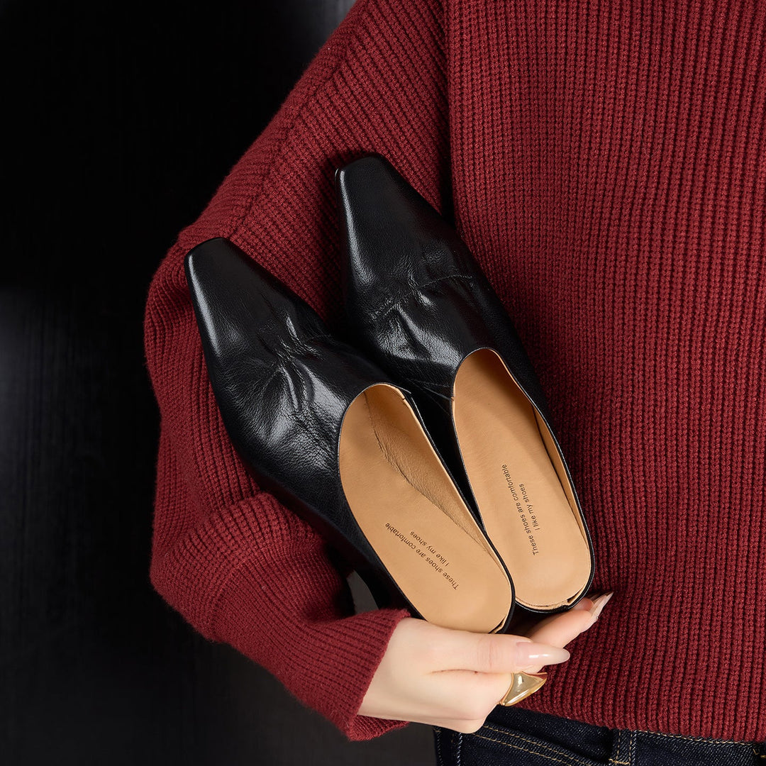 Women's Leather Ruched Square Toe Mules Minimalist Wedge Sandals