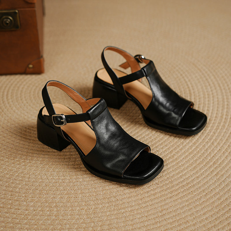 Women's Handmade Leather Black Heel Sandals Mid Heel Open Toe
