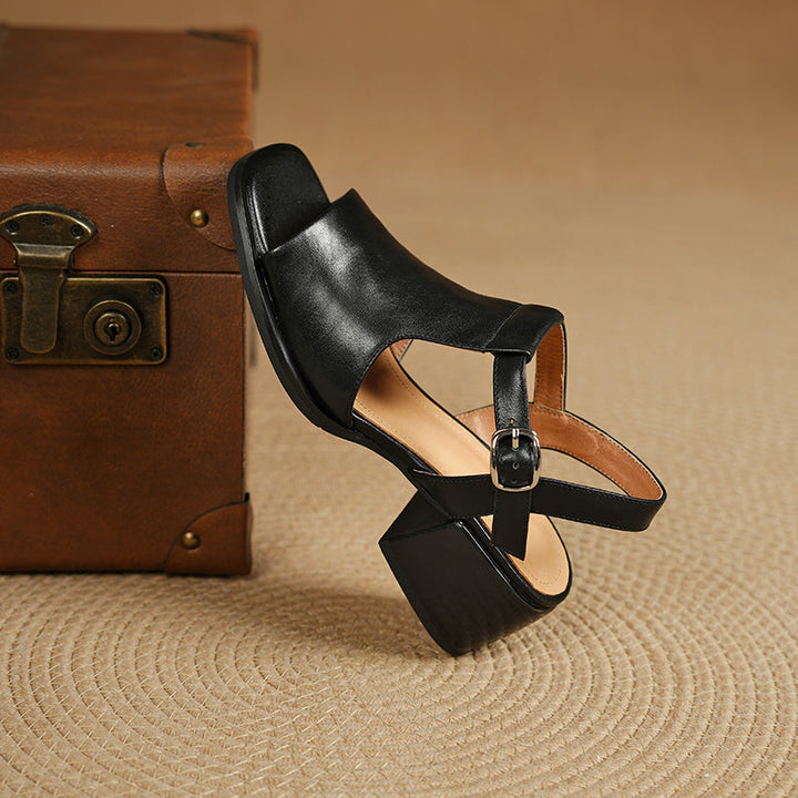 Women's Handmade Leather Black Heel Sandals Mid Heel Open Toe