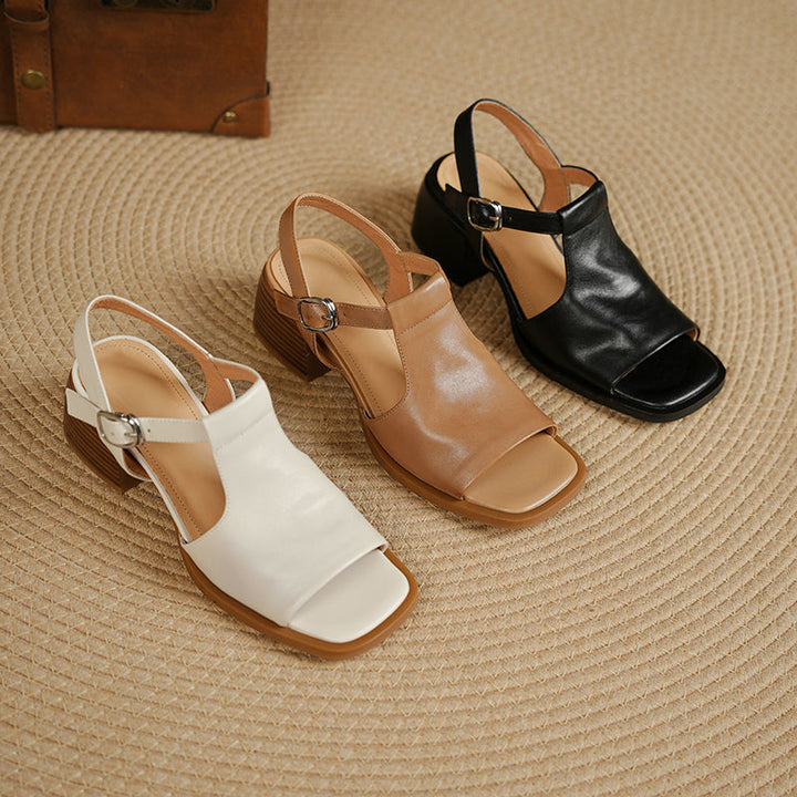 Women's Handmade Leather Black Heel Sandals Mid Heel Open Toe