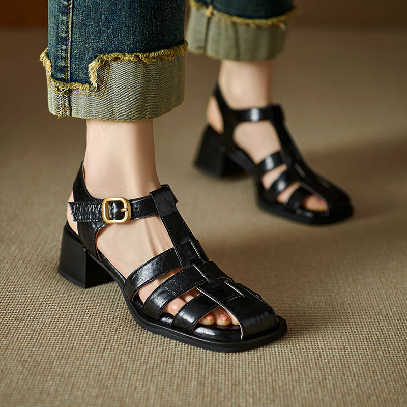 Women's Handmade Leather Thickened Insole Block Heel Fisherman Sandals