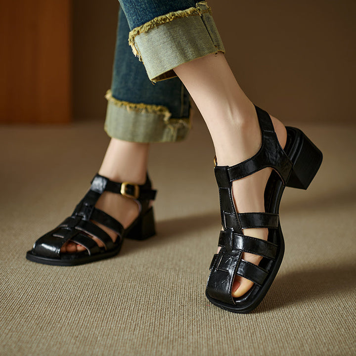 Women's Handmade Leather Thickened Insole Block Heel Fisherman Sandals