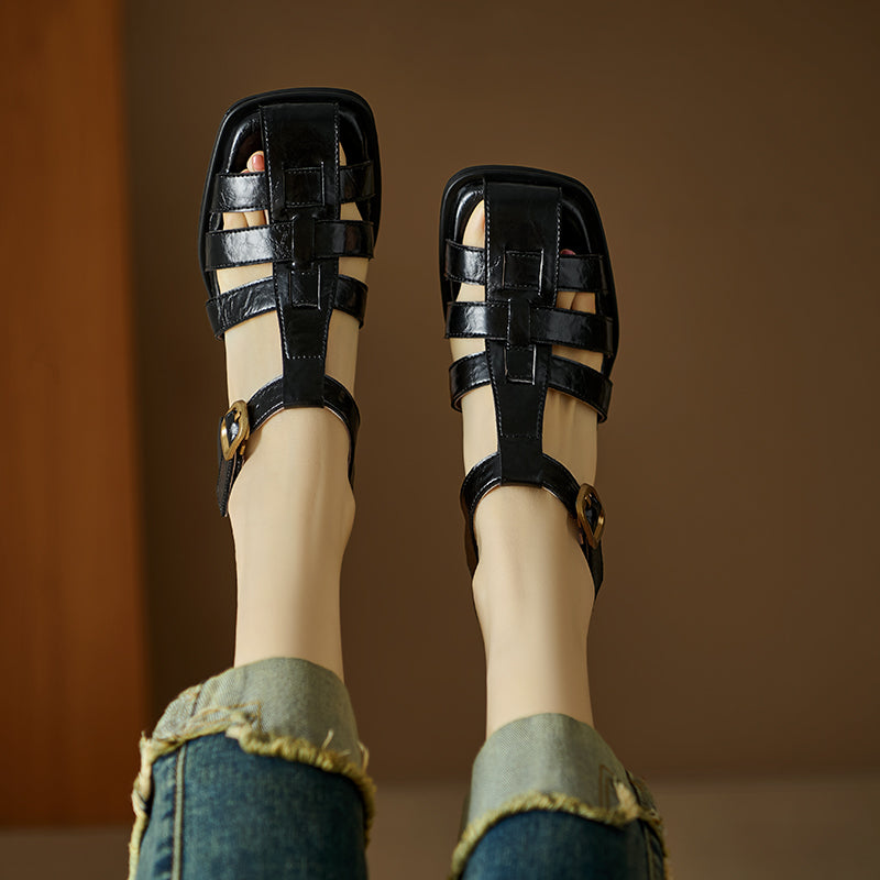 Women's Handmade Leather Thickened Insole Block Heel Fisherman Sandals