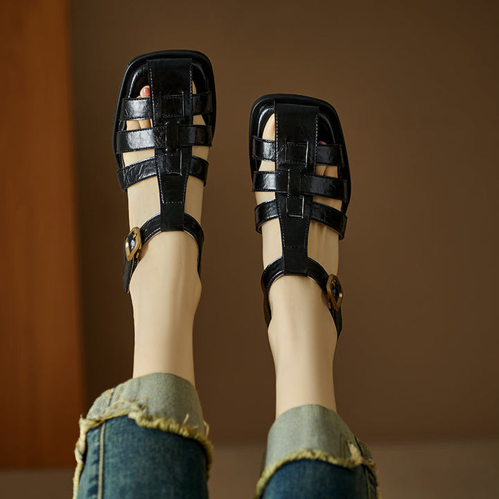 Women's Handmade Leather Thickened Insole Block Heel Fisherman Sandals
