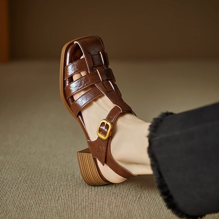 Women's Handmade Leather Thickened Insole Block Heel Fisherman Sandals