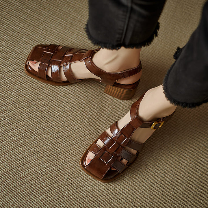 Women's Handmade Leather Thickened Insole Block Heel Fisherman Sandals
