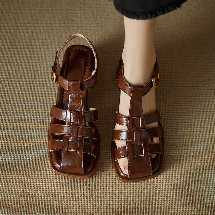 Women's Handmade Leather Thickened Insole Block Heel Fisherman Sandals