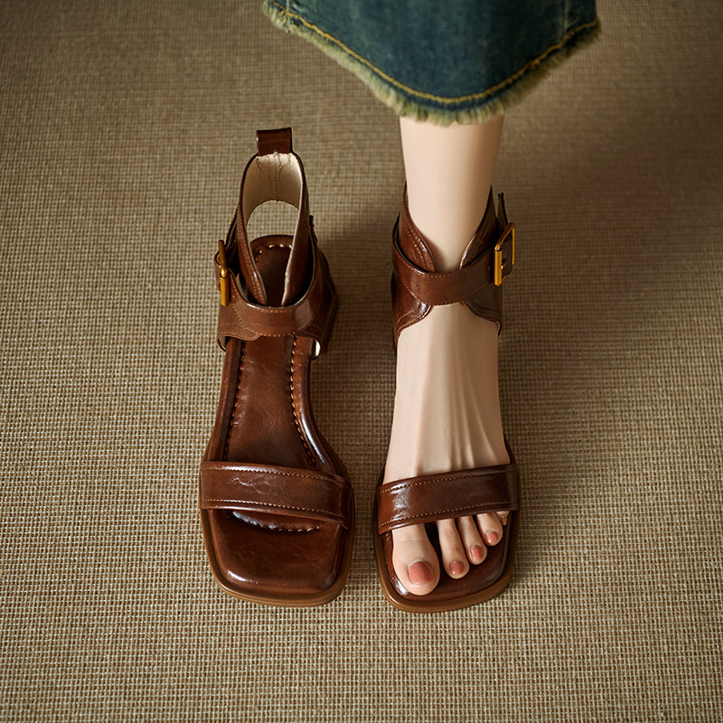 Women's Handmade Leather Block Heel Open Toe High Top Sandals