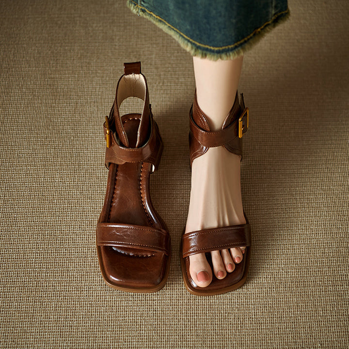 Women's Handmade Leather Block Heel Open Toe High Top Sandals