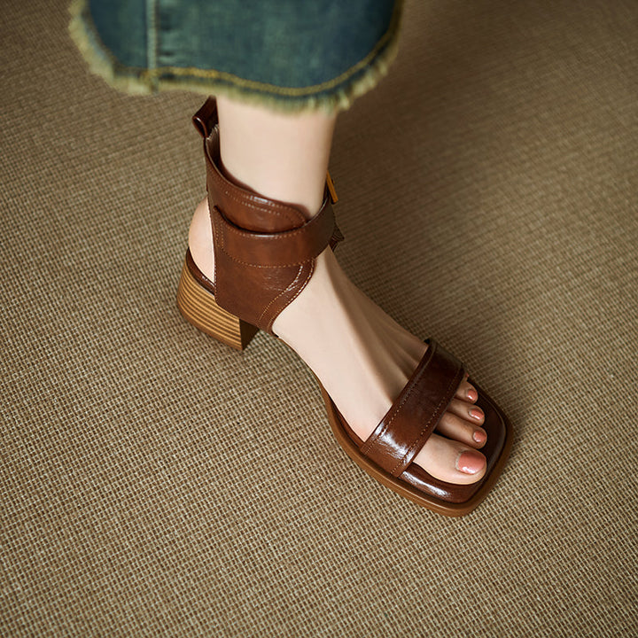 Women's Handmade Leather Block Heel Open Toe High Top Sandals