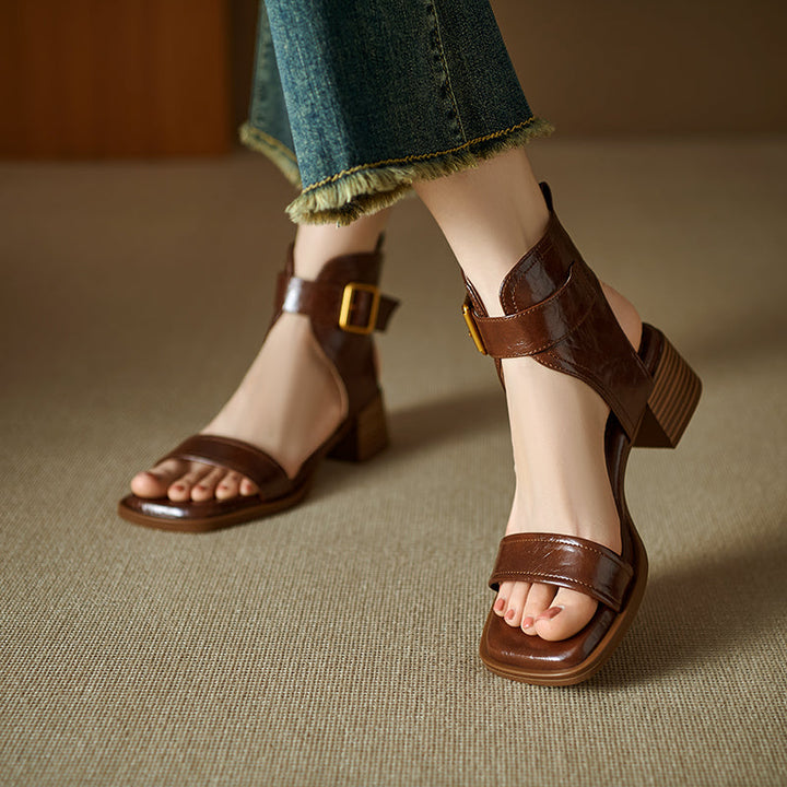 Women's Handmade Leather Block Heel Open Toe High Top Sandals