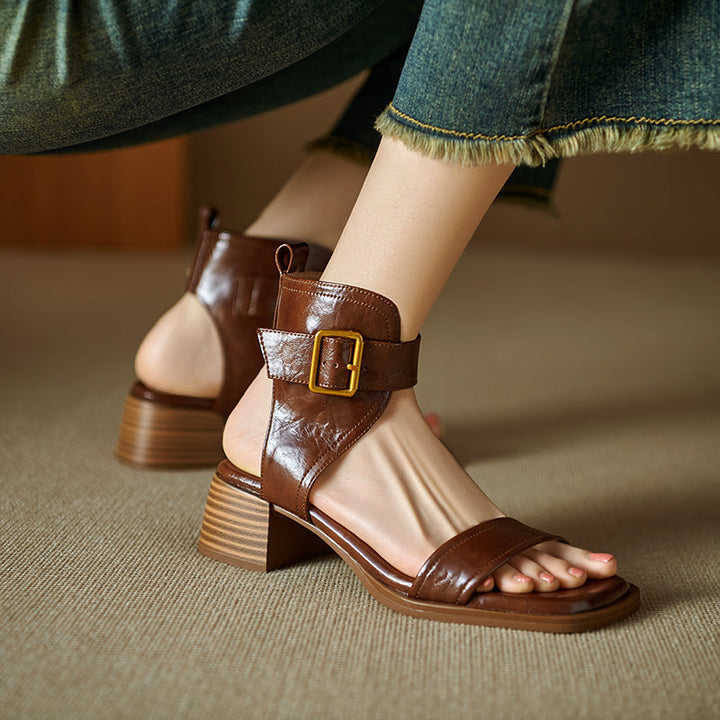 Women's Handmade Leather Block Heel Open Toe High Top Sandals