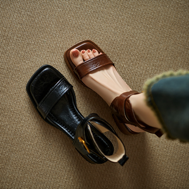 Women's Handmade Leather Block Heel Open Toe High Top Sandals
