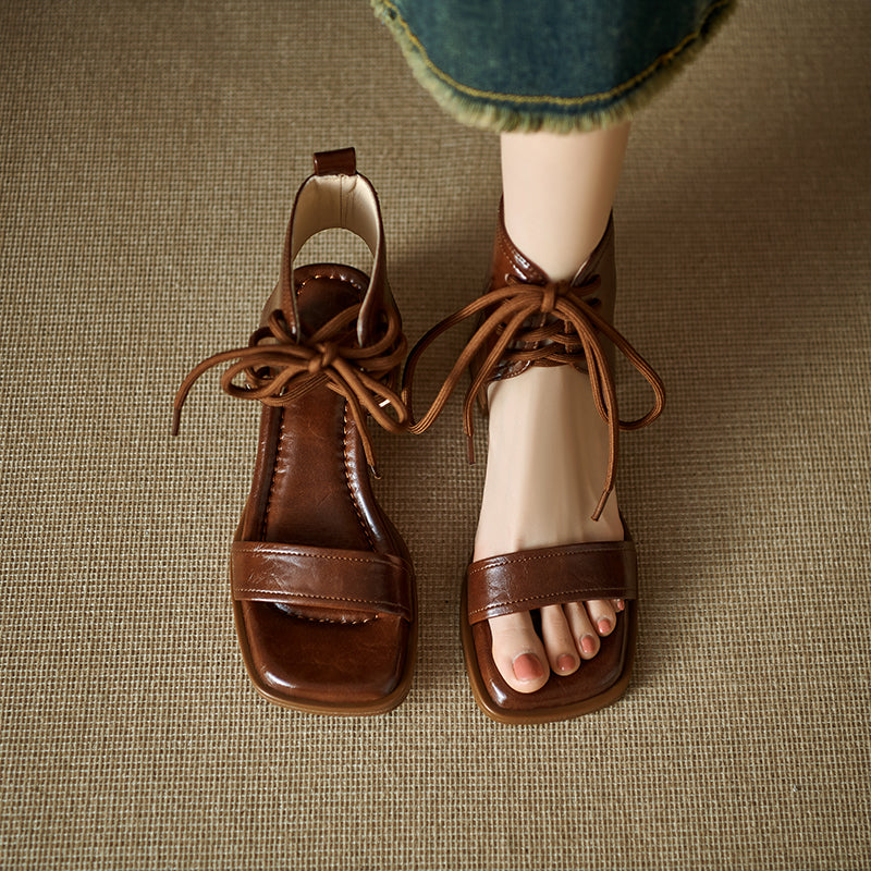 Women's Gladiator Style Leather Vintage Open Toe High Top Lace Up Sandals