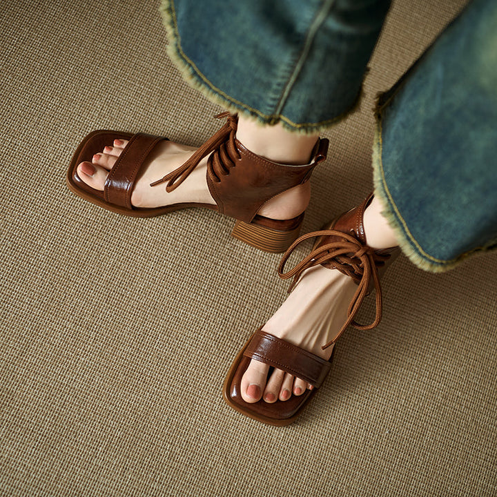 Women's Gladiator Style Leather Vintage Open Toe High Top Lace Up Sandals