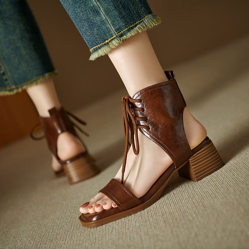 Women's Gladiator Style Leather Vintage Open Toe High Top Lace Up Sandals