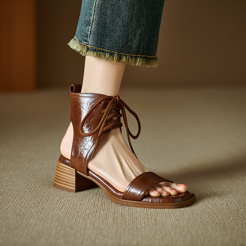 Women's Gladiator Style Leather Vintage Open Toe High Top Lace Up Sandals